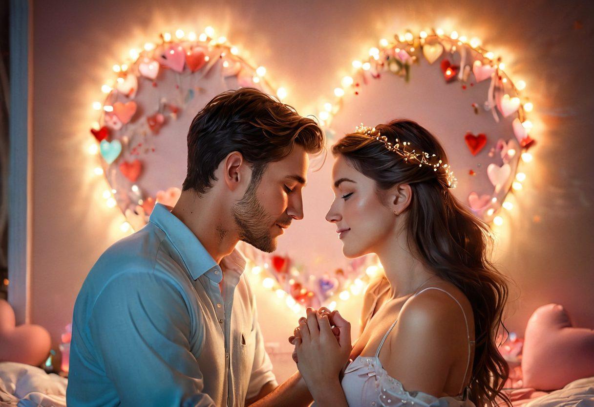 An intimate scene depicting a couple sharing a genuine moment, surrounded by symbols of love such as intertwined hearts and warm glowing lights. Include a dreamy background with soft pastel colors, portraying a serene atmosphere that embodies trust and authenticity. The couple should appear deeply connected, capturing the essence of romance in a natural setting. super-realistic. soft colors. dreamy atmosphere.