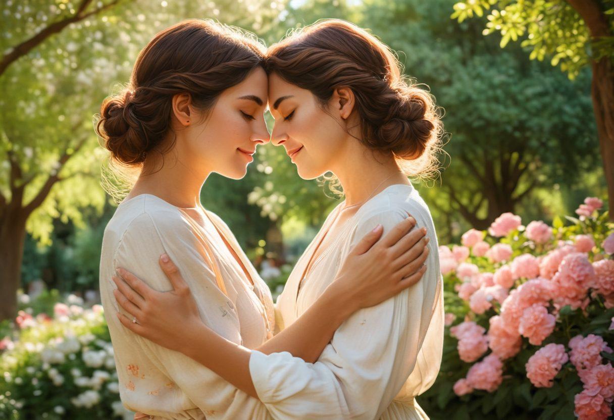 A heartfelt moment between two people sharing a gentle embrace in a sunlit park, surrounded by blooming flowers and lush green trees, symbolizing deep affection and companionship. Soft glows and warm colors envelop them, enhancing the warmth of their bond, with subtle details like intertwined fingers and genuine smiles. super-realistic. vibrant colors. natural light.