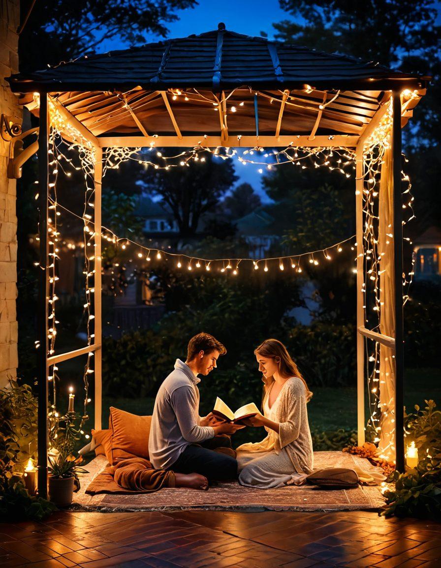 A warm, inviting scene depicting a couple sharing a heartfelt conversation under a canopy of twinkling fairy lights, symbolizing trust and authenticity in intimacy. Include elements like a cozy blanket, open books, and soft candles, creating a sense of vulnerability and warmth. The background should have a gentle twilight glow to evoke emotion and connection. super-realistic. vibrant colors. romantic ambiance.